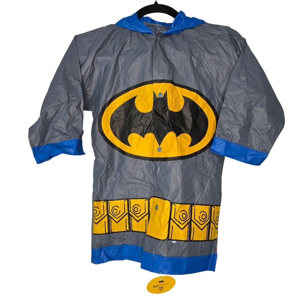 Batman Rain Poncho Kids Medium Gray Vinyl Hooded Snap Waterproof Logo Belt